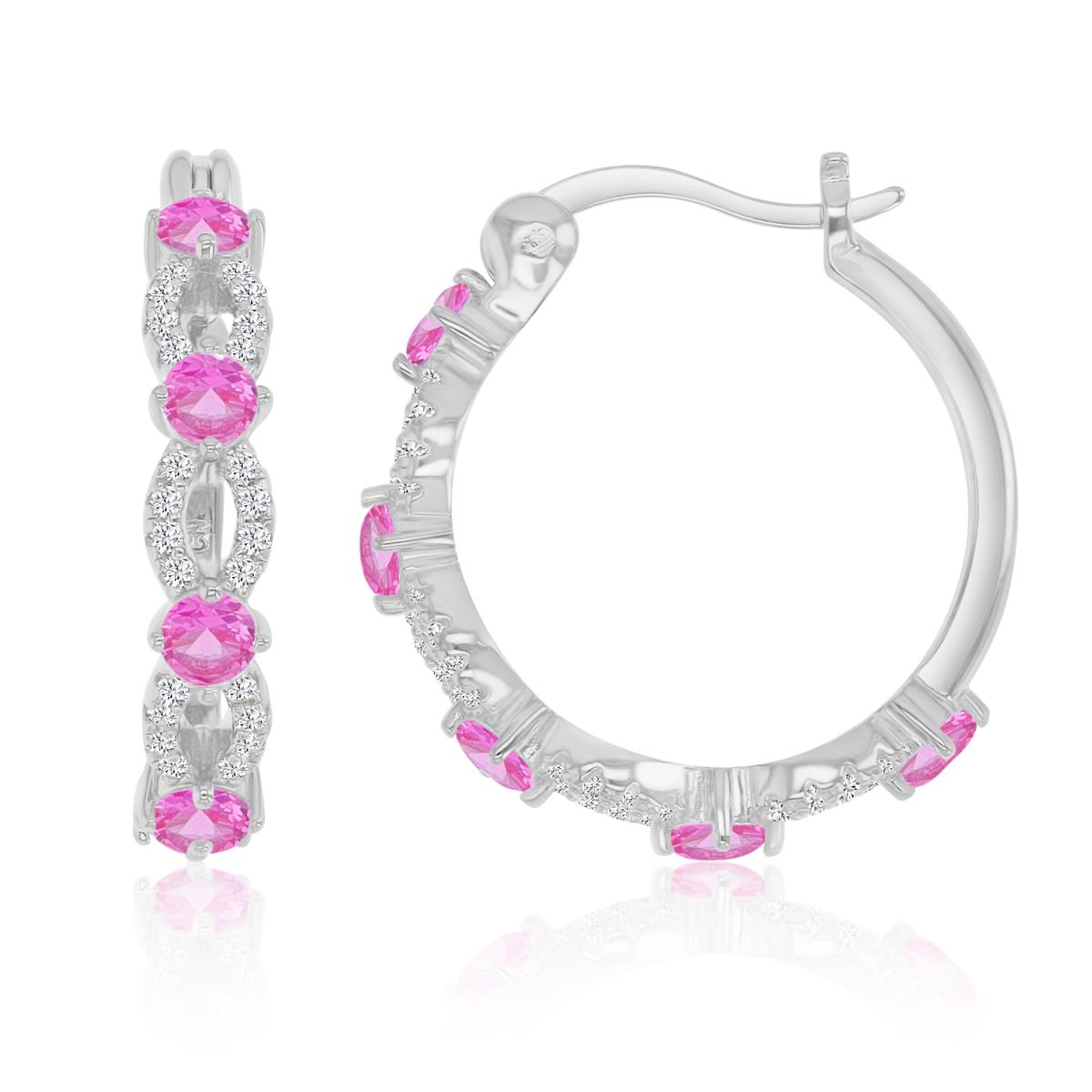 Sterling Silver Rhodium 21.5X4MM Polished Cr Pink & Cr White Sapphire Fancy Pave Hoop Earrings