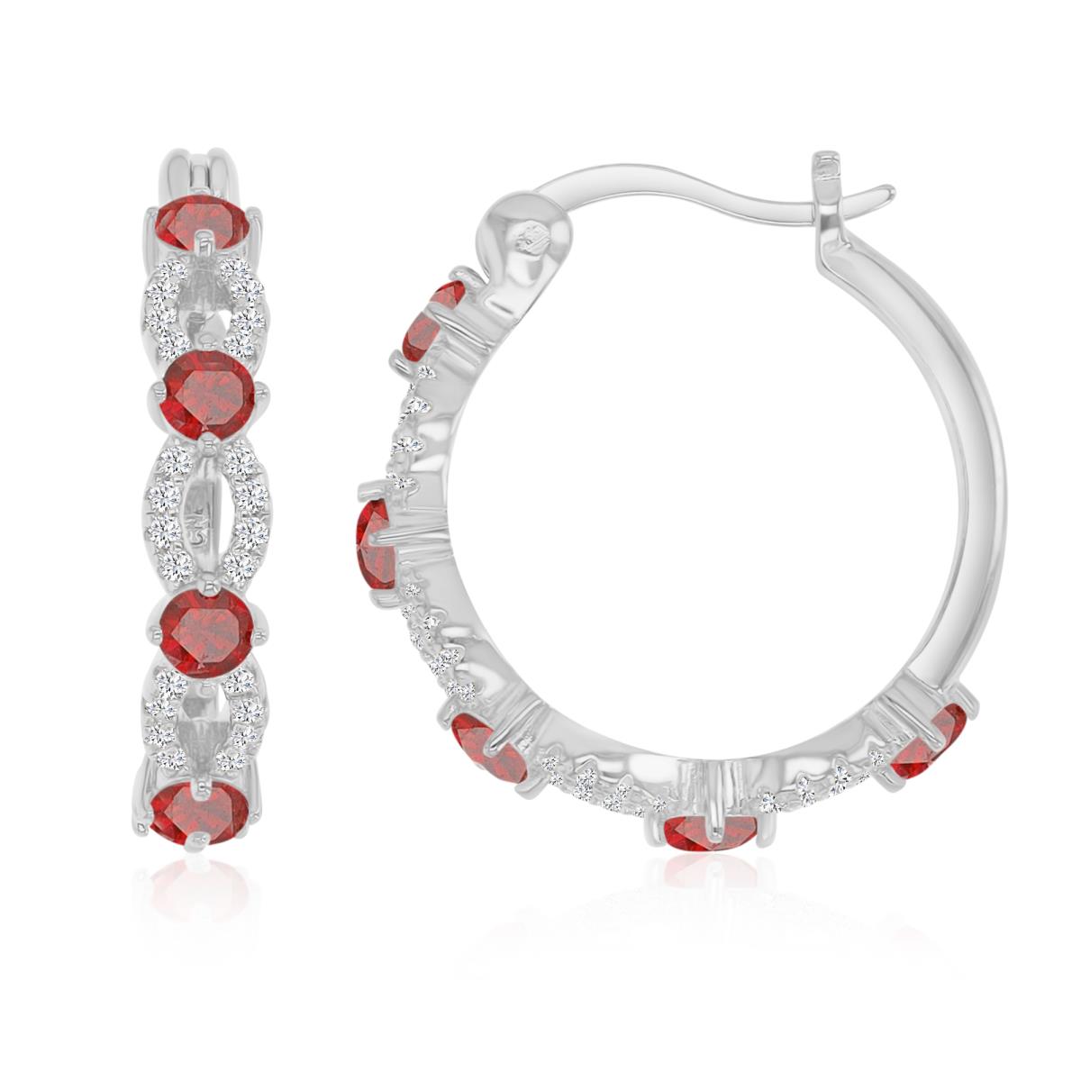 Sterling Silver Rhodium 21.5X4MM Polished Cr Ruby & Cr White Sapphire Fancy Pave Hoop Earrings