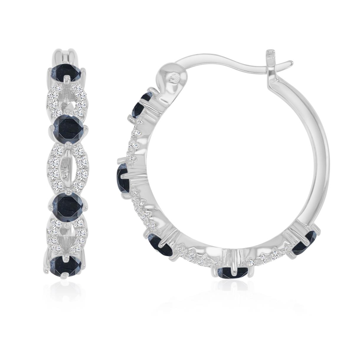 Sterling Silver Rhodium 21.5X4MM Polished Black Spinel & Cr White Sapphire Fancy Pave Hoop Earrings