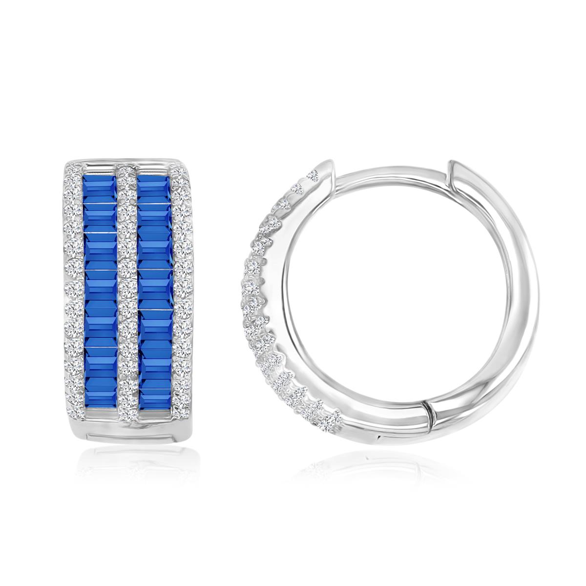 Sterling Silver Rhodium 16X7MM Polished Cr Blue Spinel & White CZ Baguette Cut Hoop Earrings