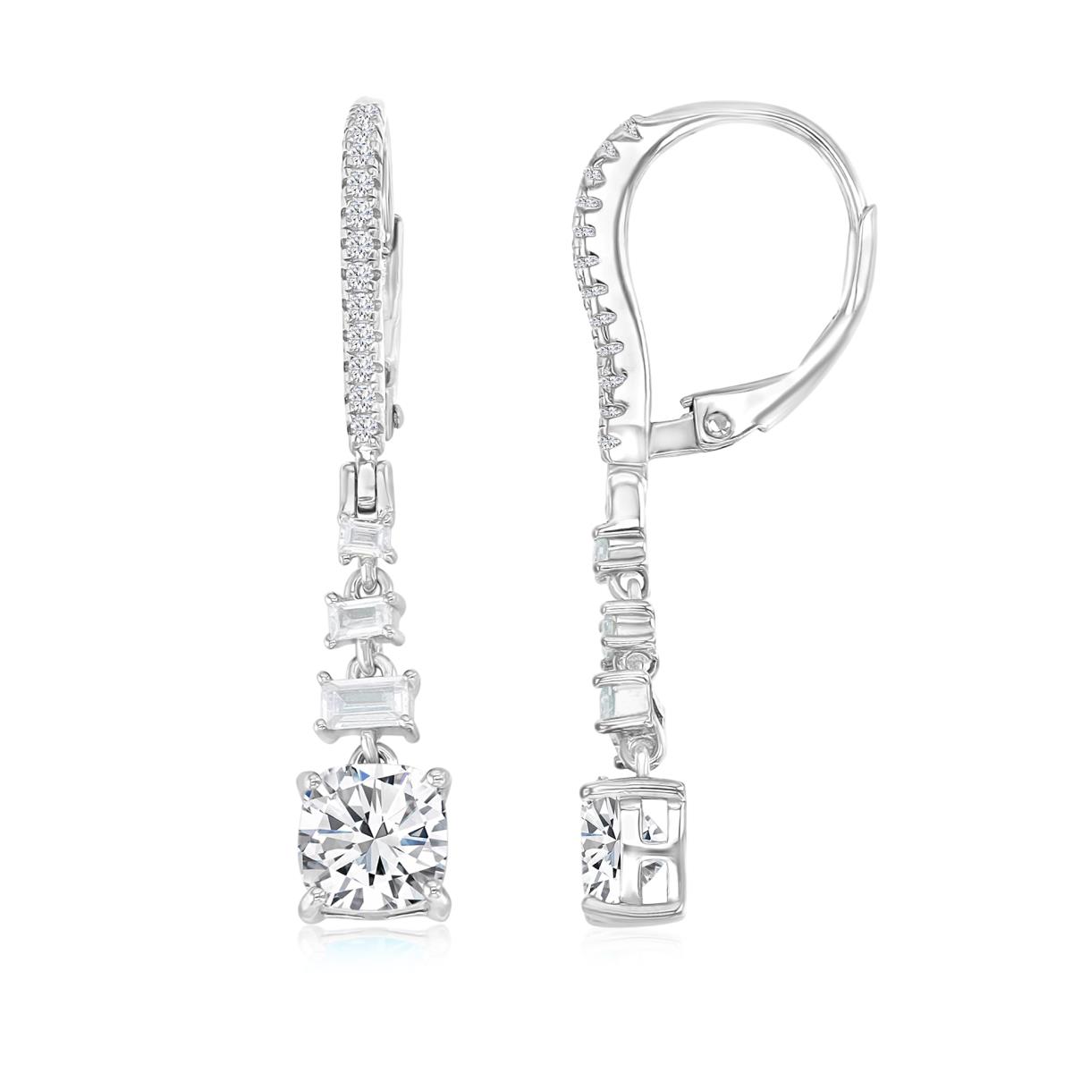 Sterling Silver Rhodium 34.5X6MM Polished White CZ Cushion & Baguette Cut Lever Back Dangling Earrings