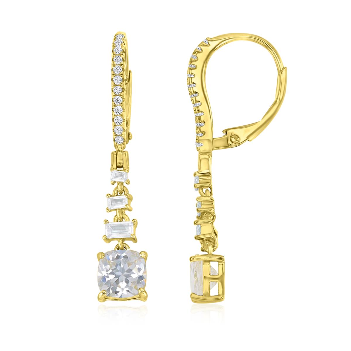 Sterling Silver Yellow 34.5X6MM Polished White CZ Cushion & Baguette Cut Lever Back Dangling Earrings