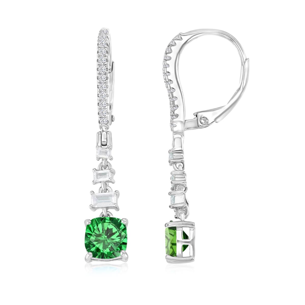 Sterling Silver Rhodium 34.5X6MM Polished Green & White CZ Cushion & Baguette Cut Lever Back Dangling Earrings