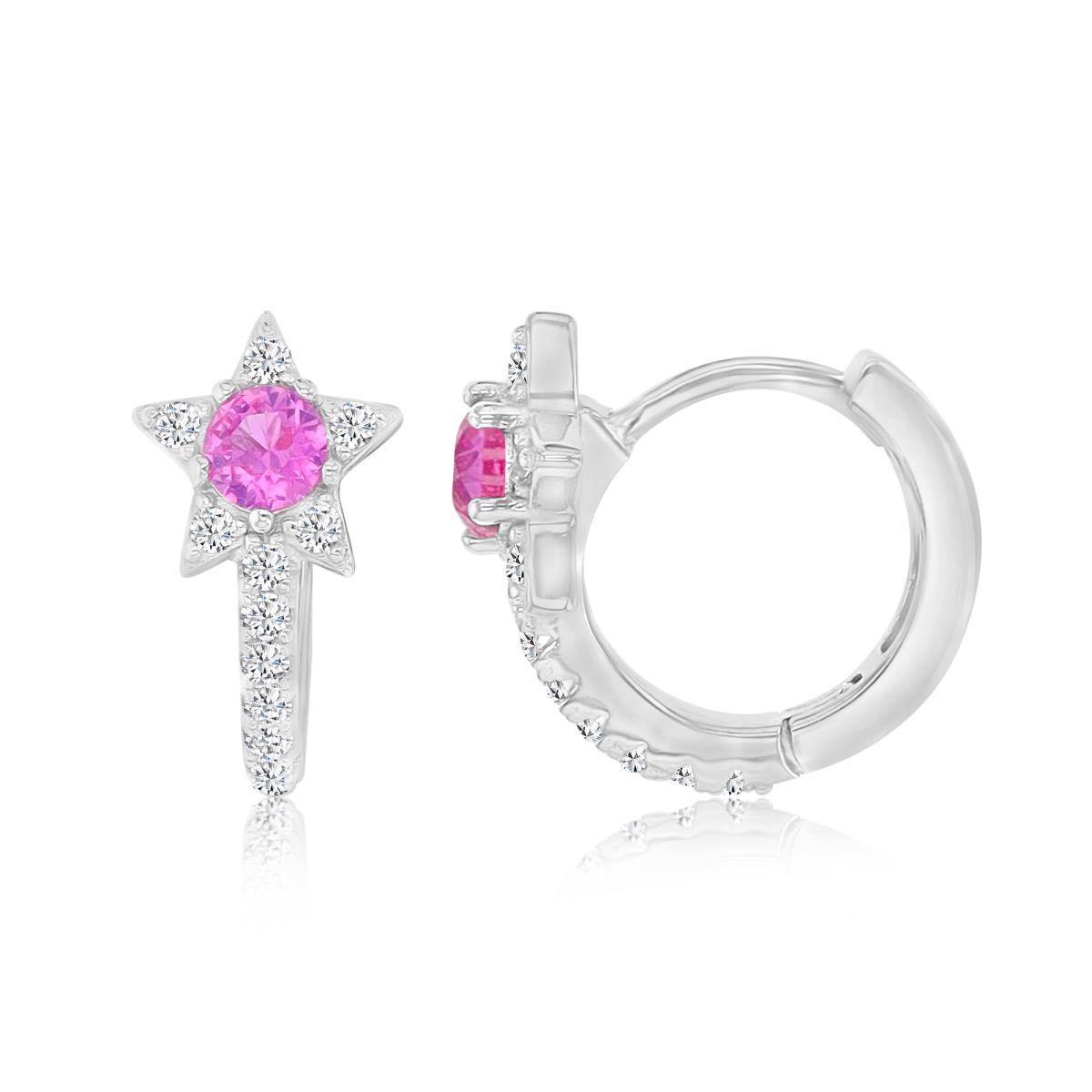 Sterling Silver Rhodium 14X8MM Polished Cr Pink & Cr White Sapphire Star Huggie Earrings