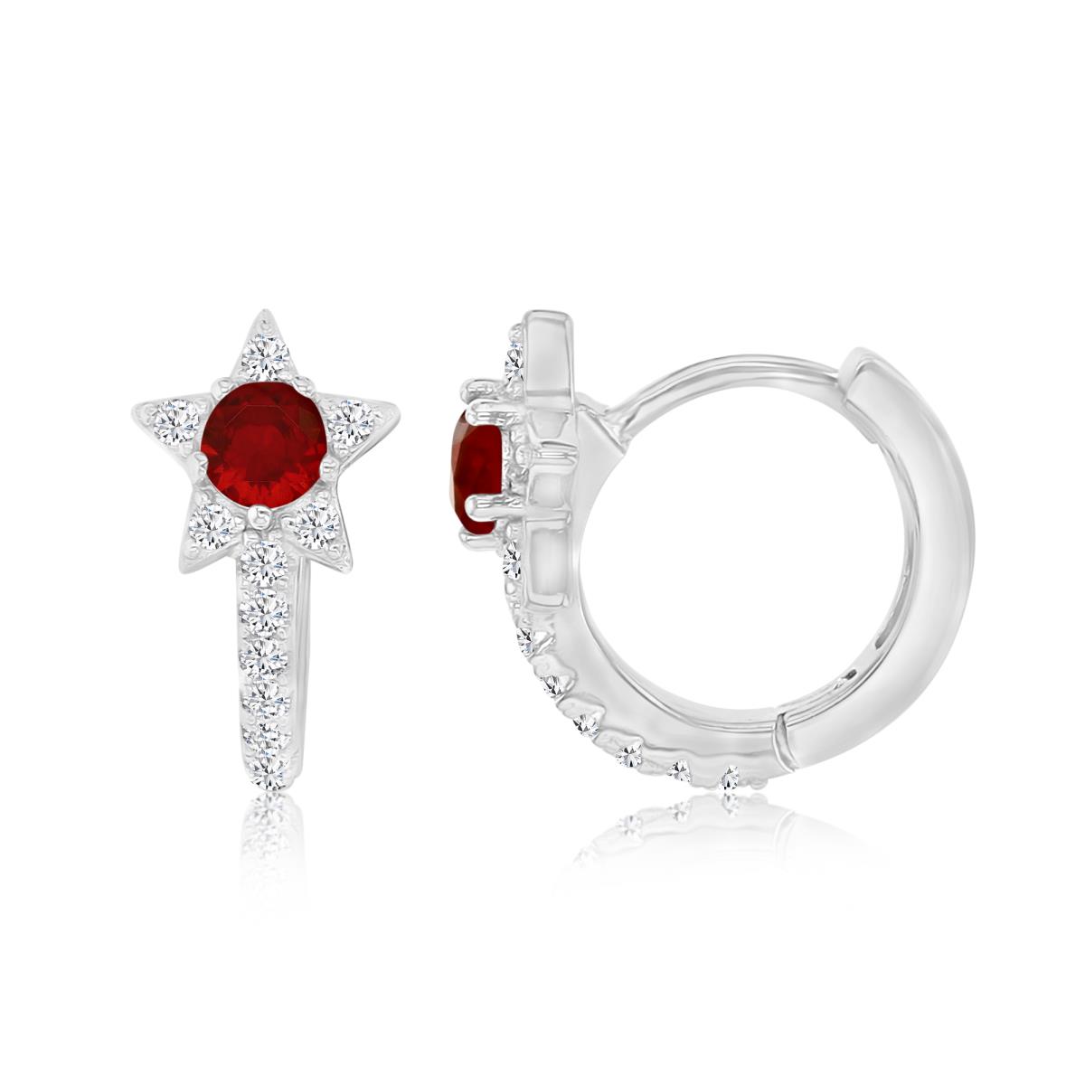 Sterling Silver Rhodium 14X8MM Polished Cr Ruby & Cr White Sapphire Star Huggie Earrings