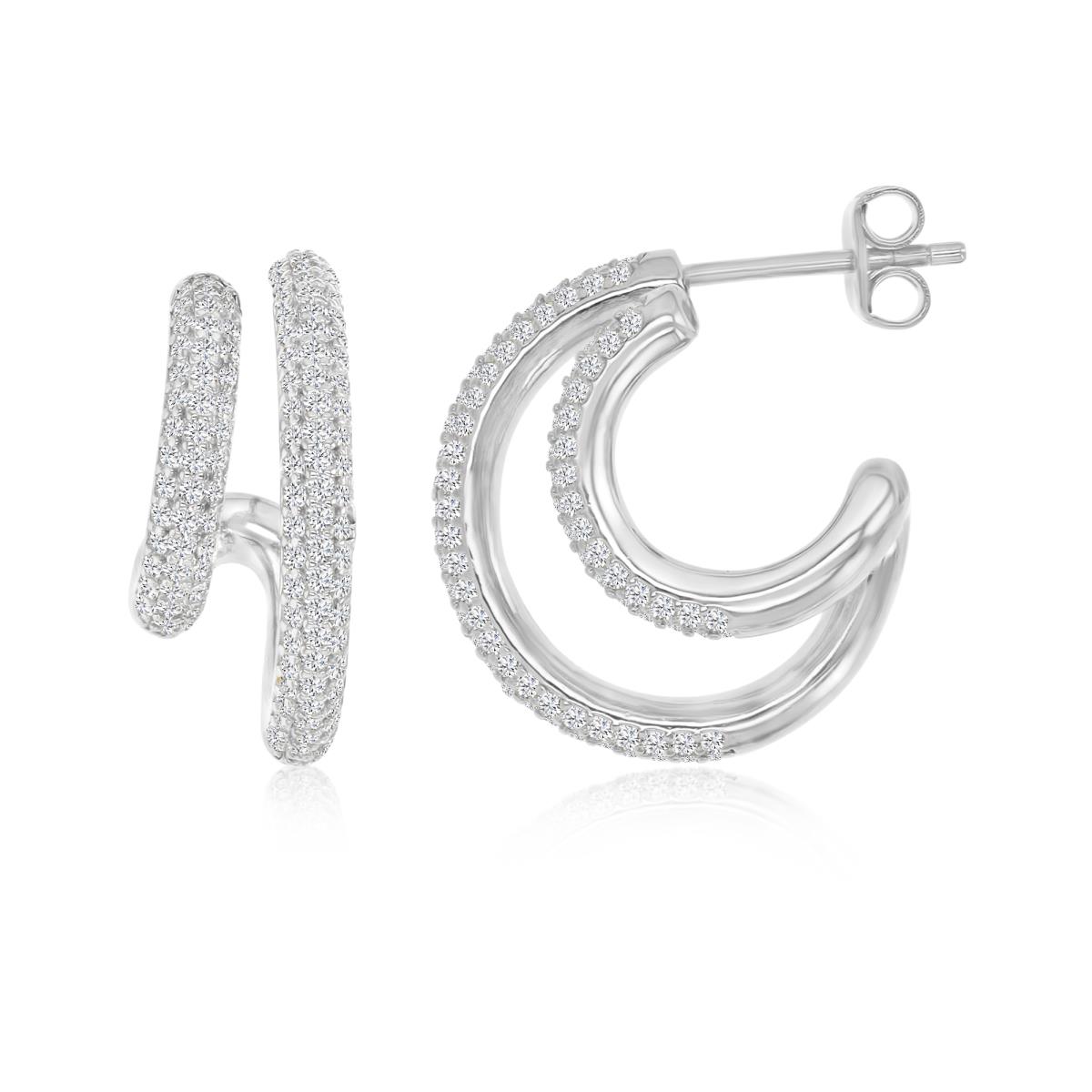 Sterling Silver Rhodium 19X8MM Polished White CZ Pave Double Hoop Earrings