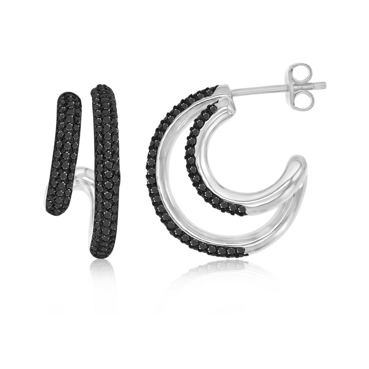 Sterling Silver Black & White 19X8MM Polished Black Spinel Pave Double Hoop Earrings