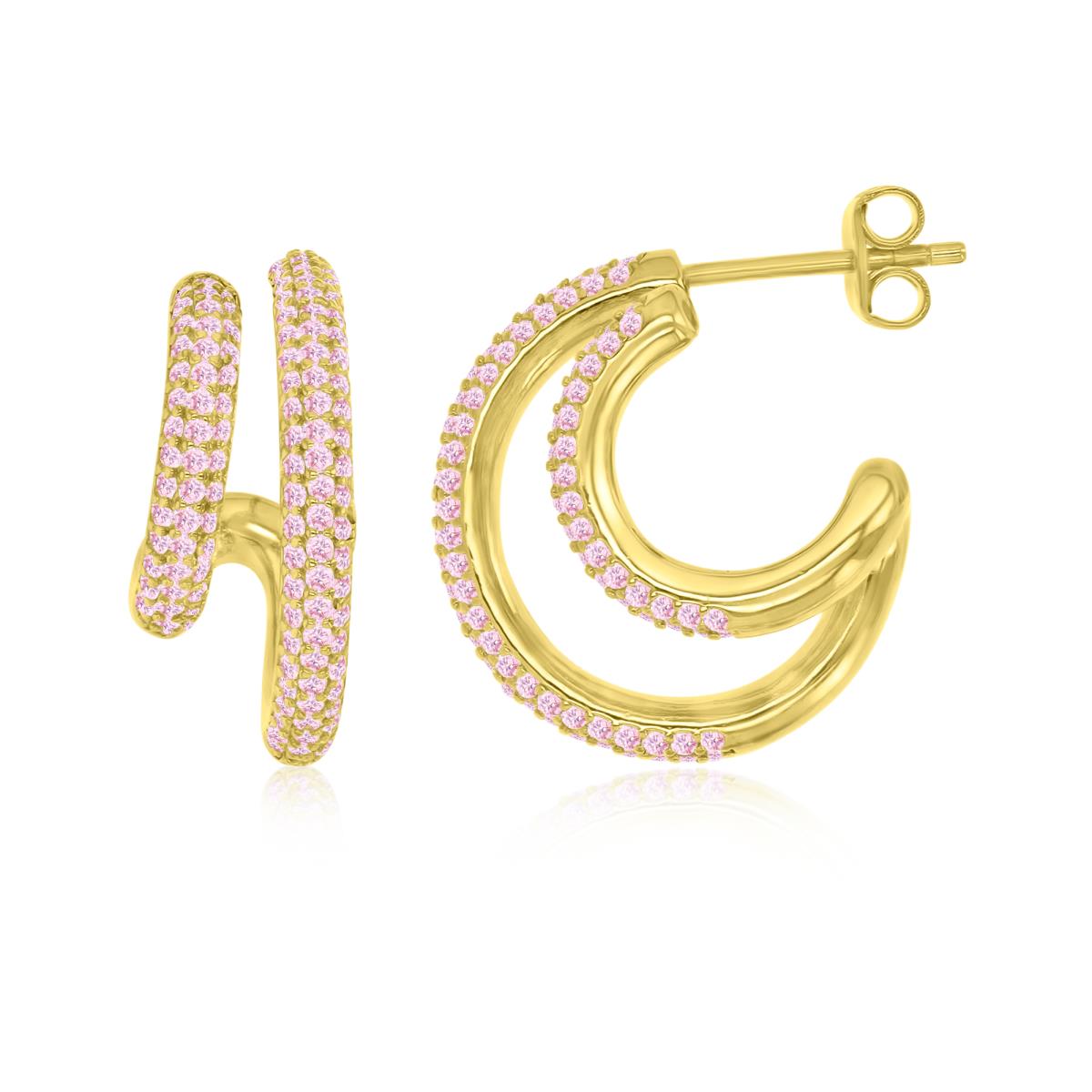 Sterling Silver Yellow 19X8MM Polished Pink CZ Pave Double Hoop Earrings
