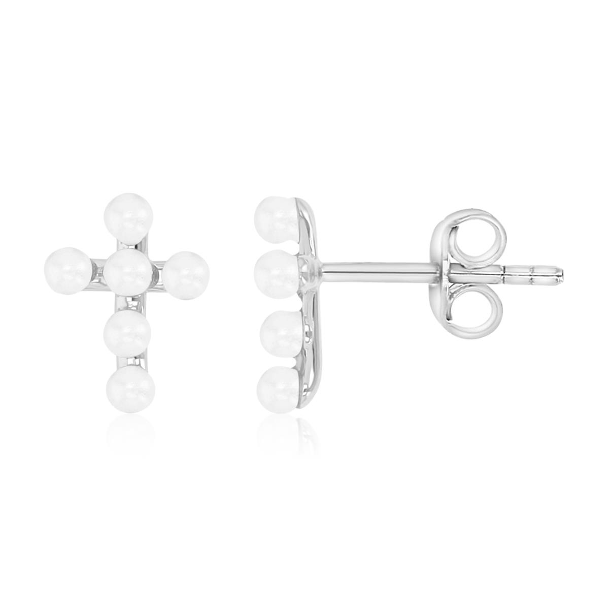 Sterling Silver Rhodium 9.5X7MM Polished White Faux Pearl Cross Stud Earrings