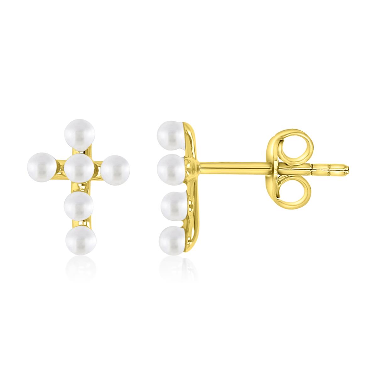 Sterling Silver Yellow 9.5X7MM Polished White Faux Pearl Cross Stud Earrings
