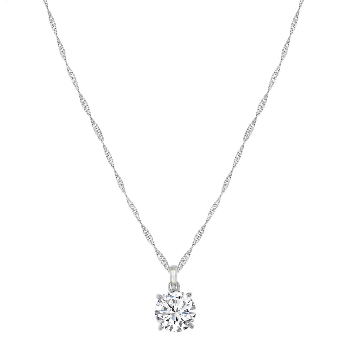Sterling Silver Rhodium 14X8MM Polished White CZ Solitaire Round & Tap Baguette Cut 18+2" Singapore Necklace