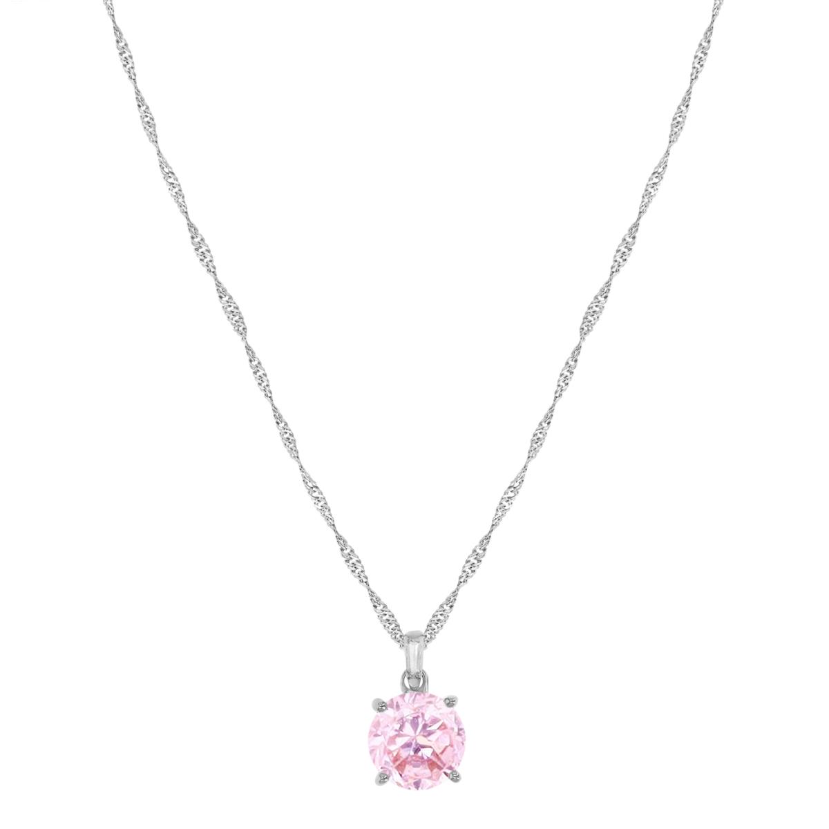 Sterling Silver Rhodium 14X8MM Polished Pink & White CZ Solitaire Round & Tap Baguette Cut 18+2" Singapore Necklace