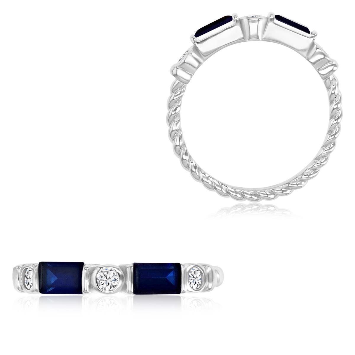 Sterling Silver Rhodium 3MM Polished Cr Blue & Cr White Sapphire Baguette Cut Ring