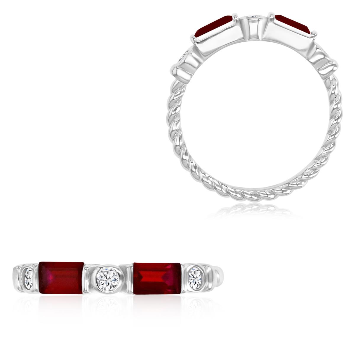 Sterling Silver Rhodium 3MM Polished Cr Ruby & Cr White Sapphire Baguette Cut Ring