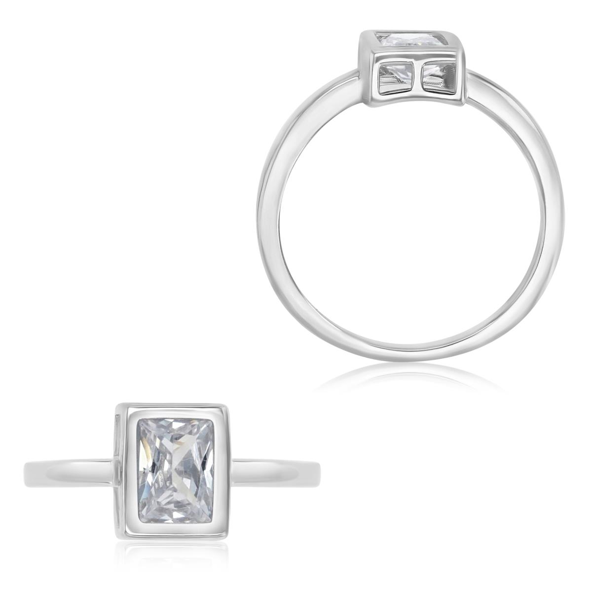 Sterling Silver Rhodium 8X7MM Polished White CZ Emerald Cut Bezel Solitaire Ring