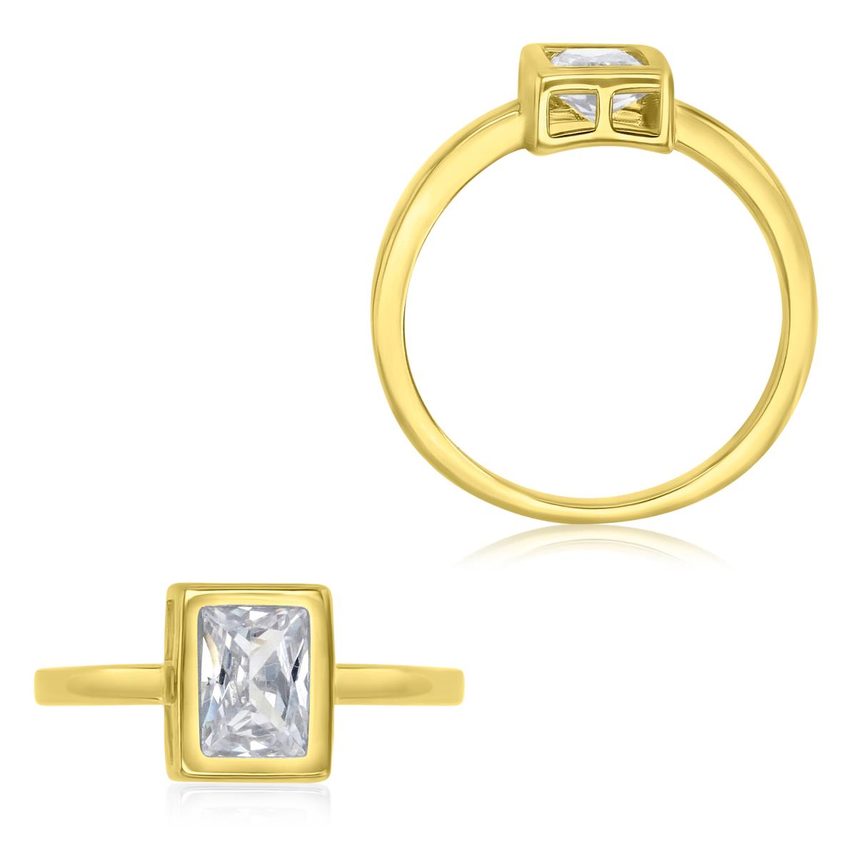 Sterling Silver Yellow 8X7MM Polished White CZ Emerald Cut Bezel Solitaire Ring