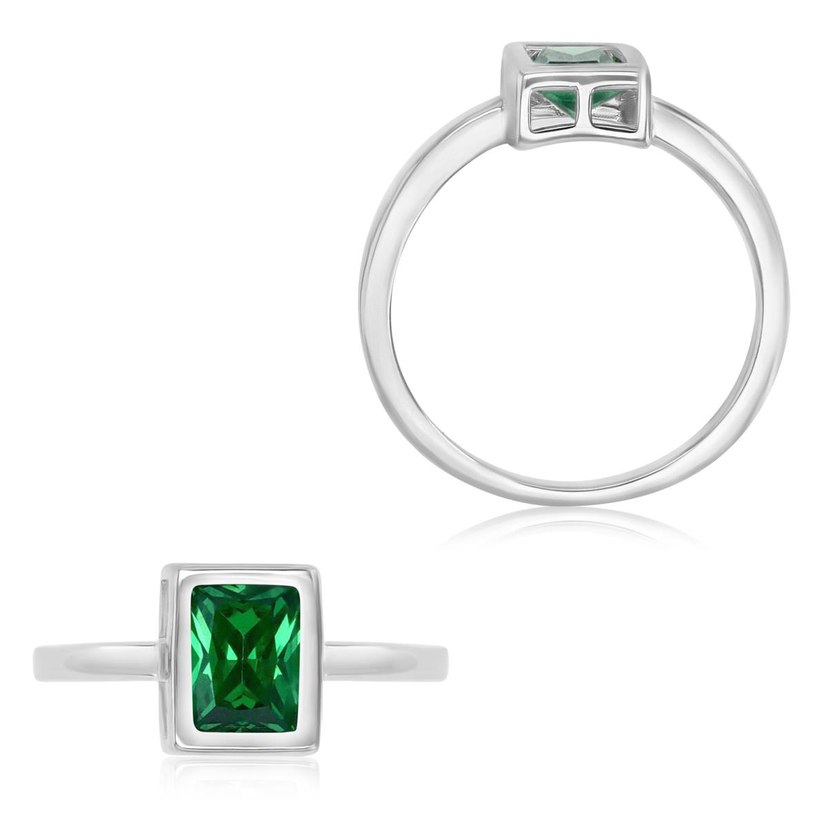 Sterling Silver Rhodium 8X7MM Polished Green CZ Emerald Cut Bezel Solitaire Ring
