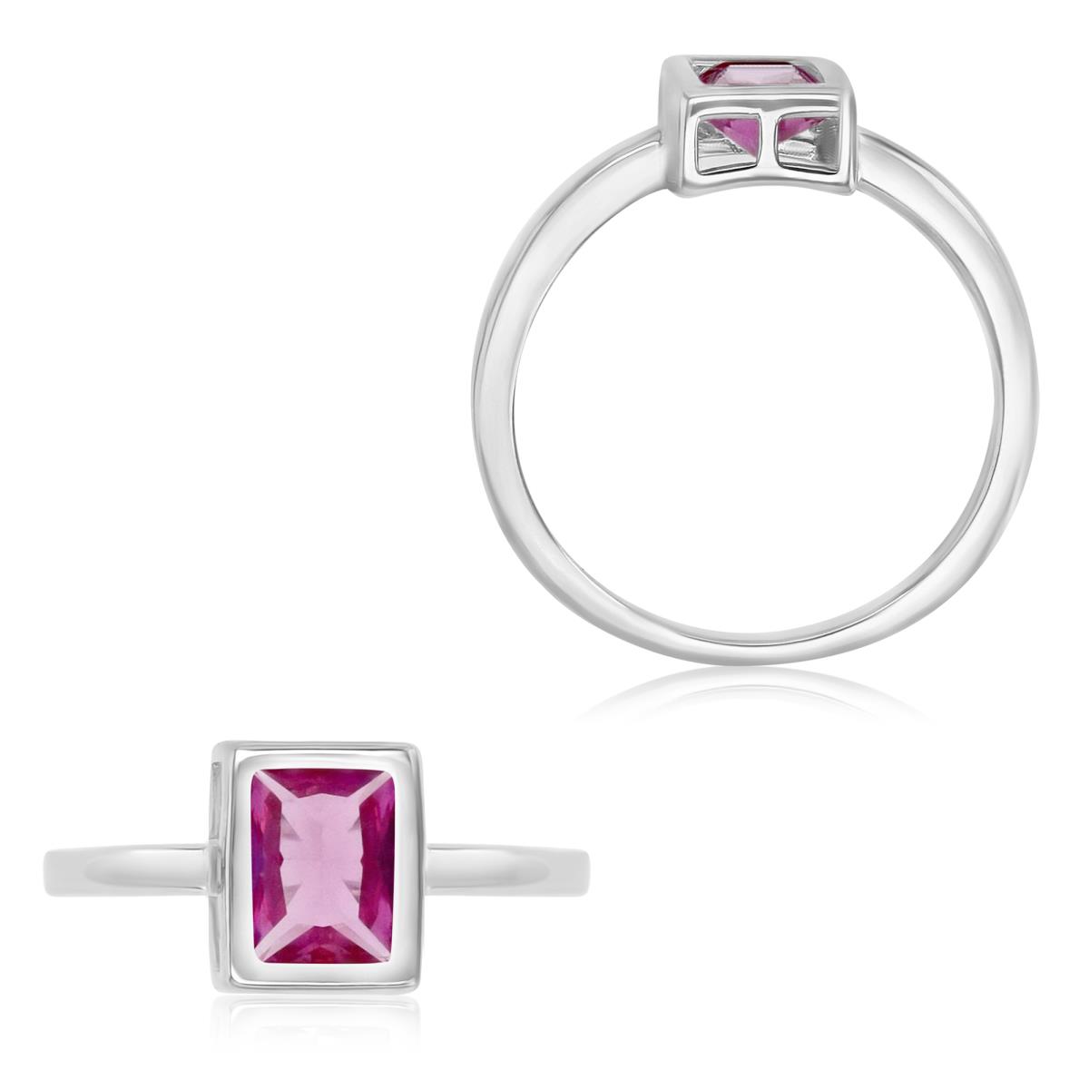 Sterling Silver Rhodium 8X7MM Polished Cr Pink Sapphire Emerald Cut Bezel Solitaire Ring