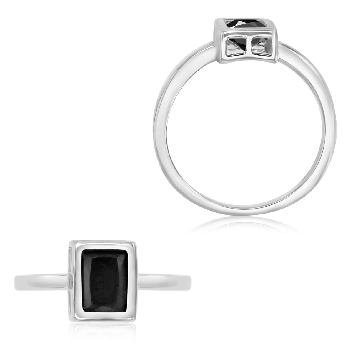 Sterling Silver Rhodium 8X7MM Polished Black Spinel Sapphire Emerald Cut Bezel Solitaire Ring