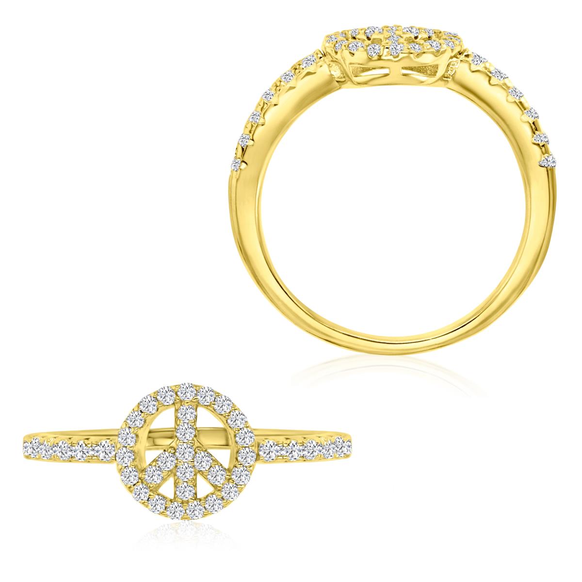 Sterling Silver Yellow 9MM Polished White CZ Love & Peace Pave Ring