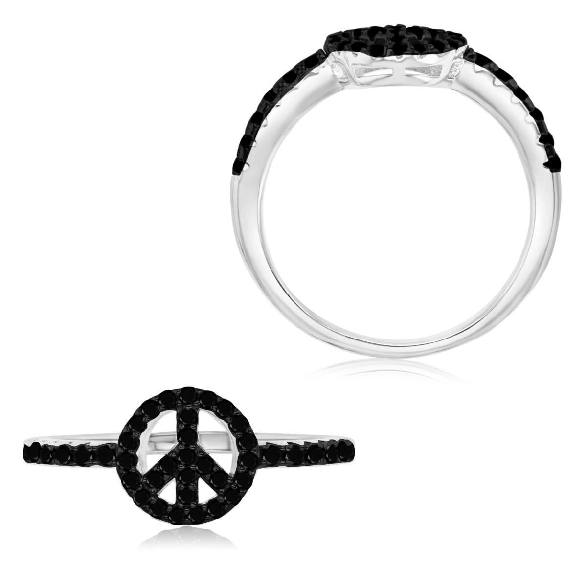 Sterling Silver Black & White 9MM Polished Black Spinel Love & Peace Pave Ring
