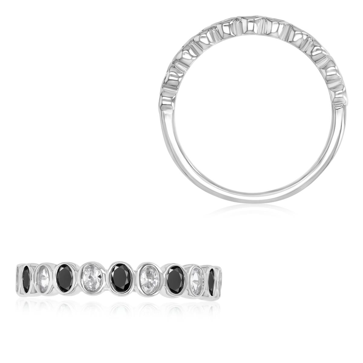 Sterling Silver Rhodium 3.5MM Polished White & Black CZ Bezel Half Eternity Oval Cut Ring