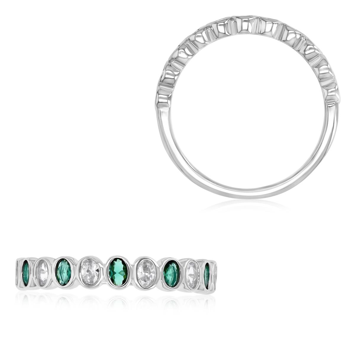 Sterling Silver Rhodium 3.5MM Polished White CZ & Green Nano Bezel Half Eternity Oval Cut Ring