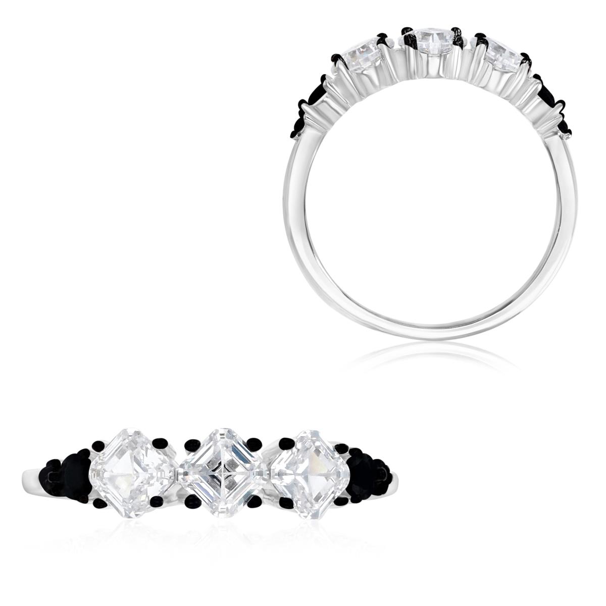 Sterling Silver RBlack & White 5MM Polished Black Spinel Half Eternity Princess Cut Ring