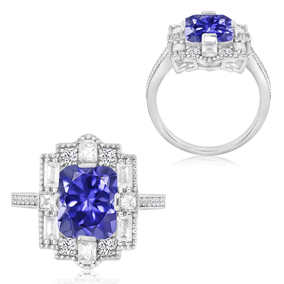 Sterling Silver Rhodium 19X14.6MM Polished Tanzanite & White CZ Cocktail Vintage Style Ring