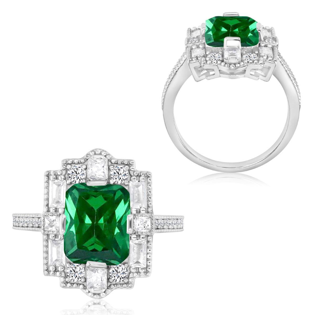 Sterling Silver Rhodium 19X14.6MM Polished Green & White CZ Cocktail Vintage Style Ring