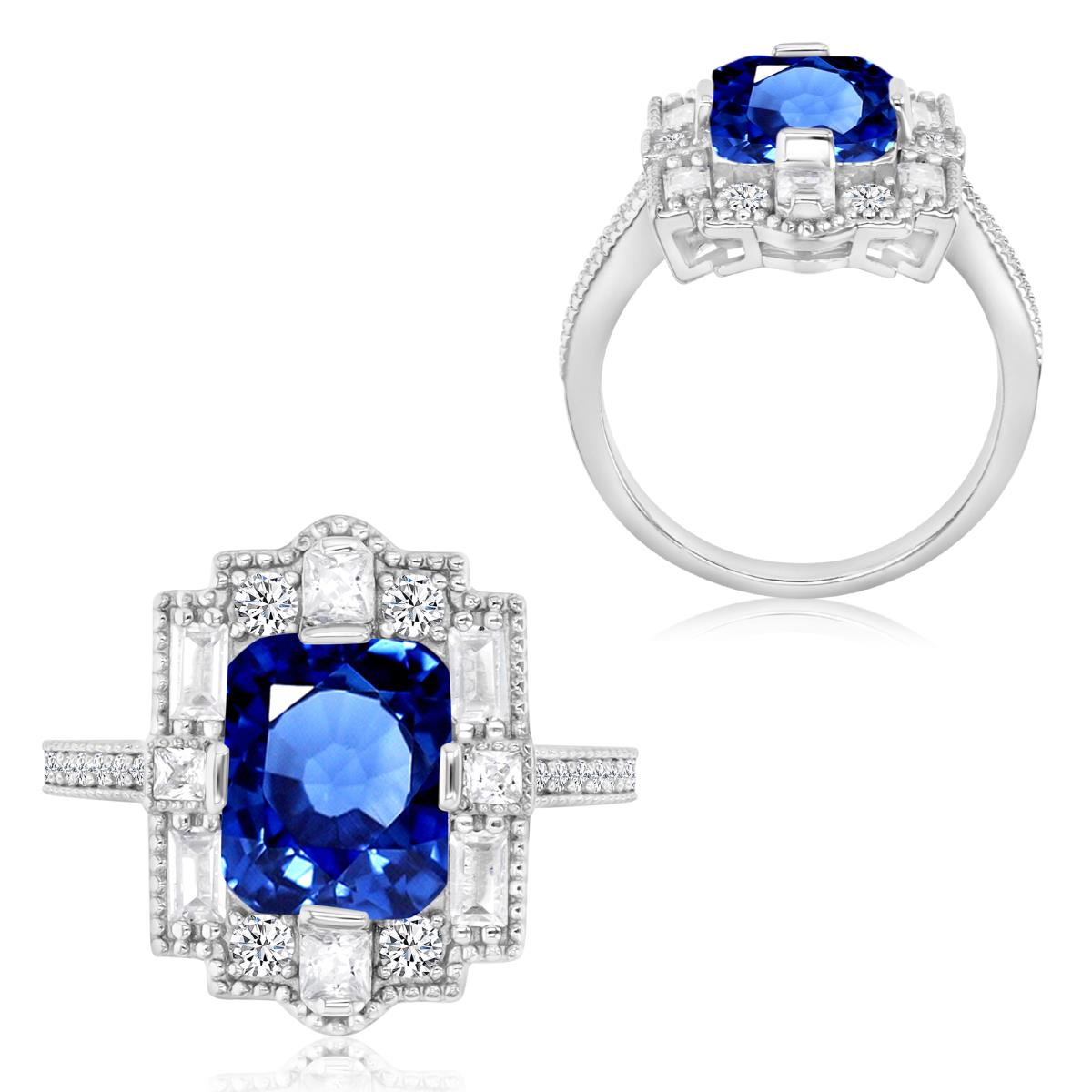 Sterling Silver Rhodium 19X14.6MM Polished Cr Blue & Cr White Sapphire Cocktail Vintage Style Ring