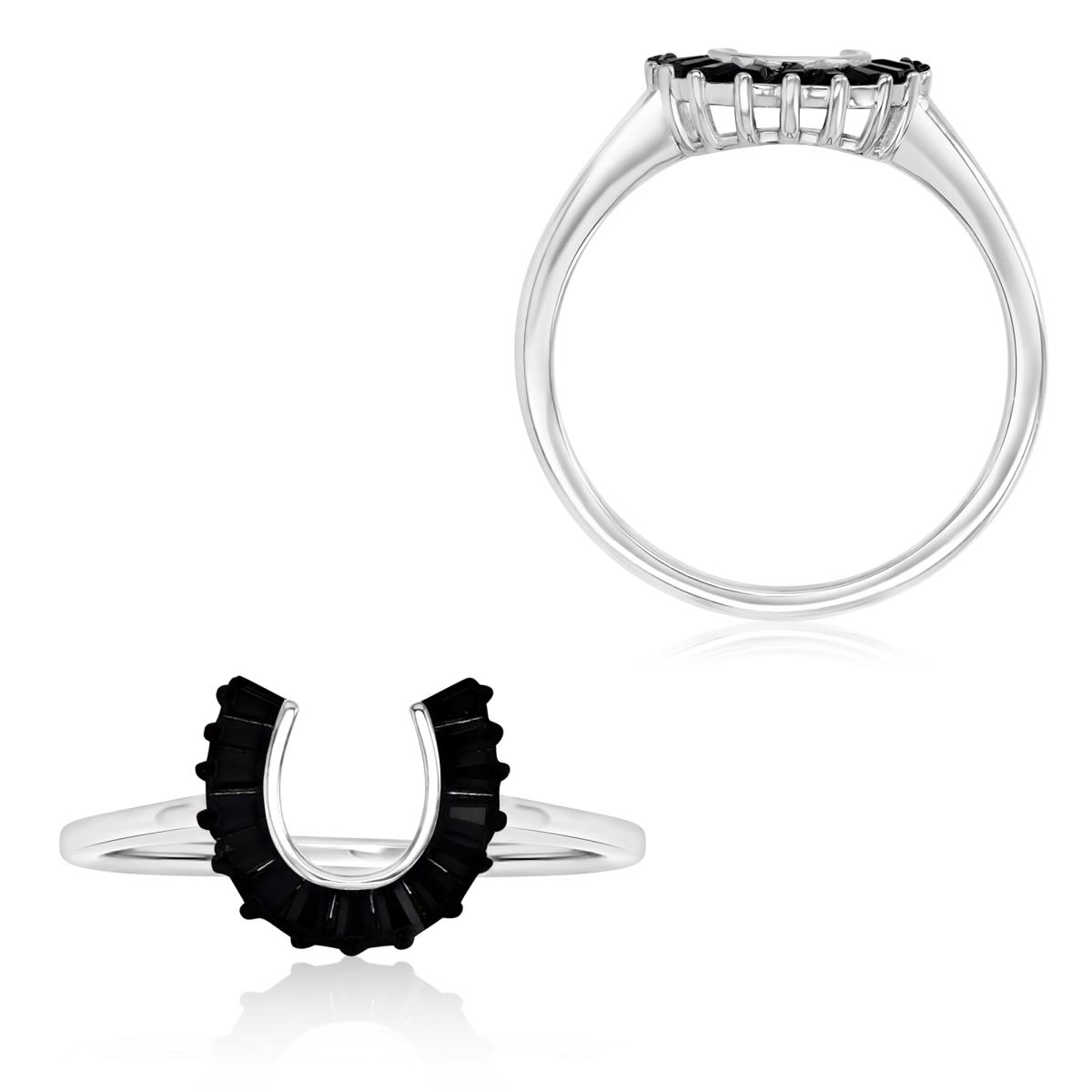 Sterling Silver Black & White 11X10MM Polished Black Spinel Horse Shoe Baguette Cut Ring