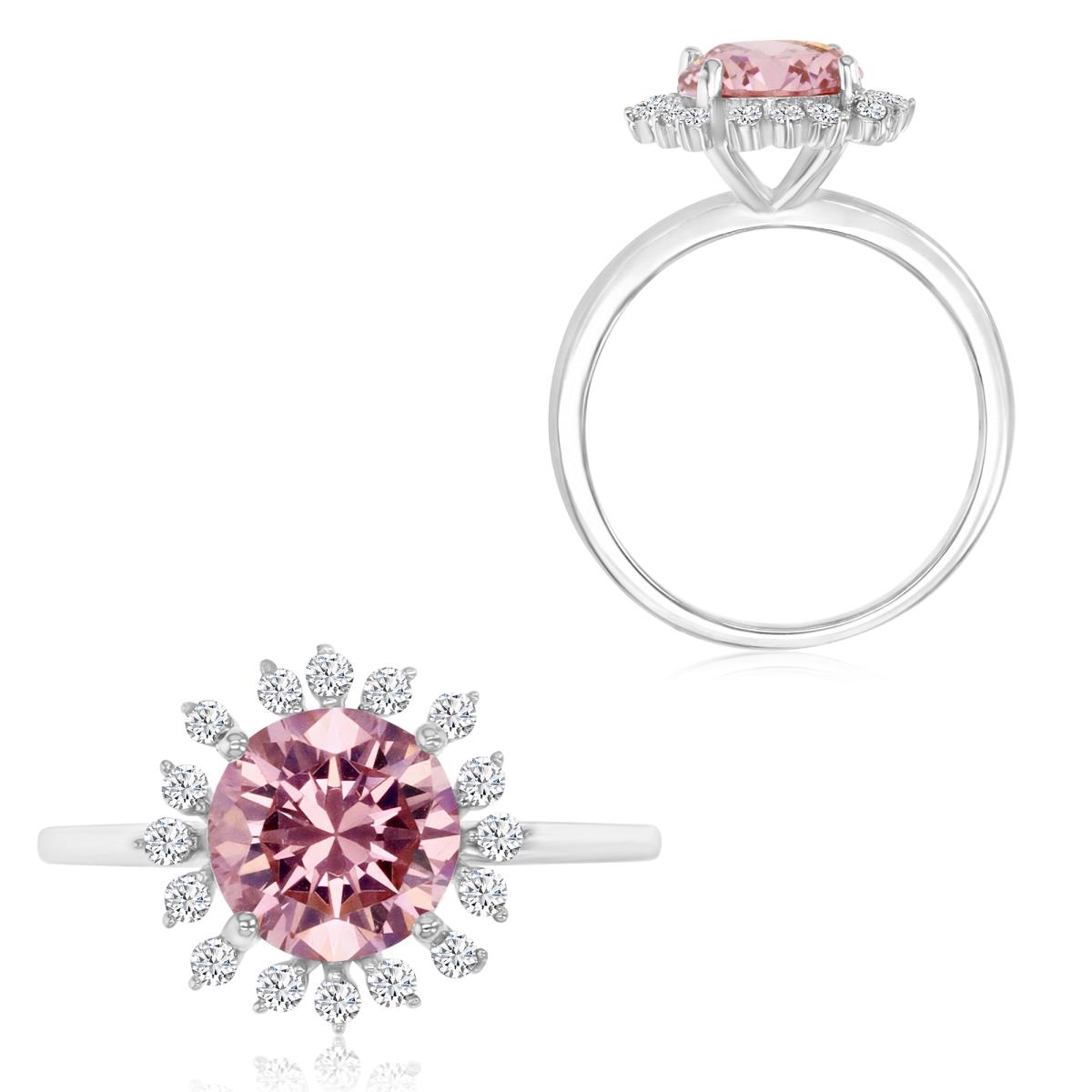 Sterling Silver Rhodium 12MM Polished Dark Pink & White CZ Flower Engagement Ring