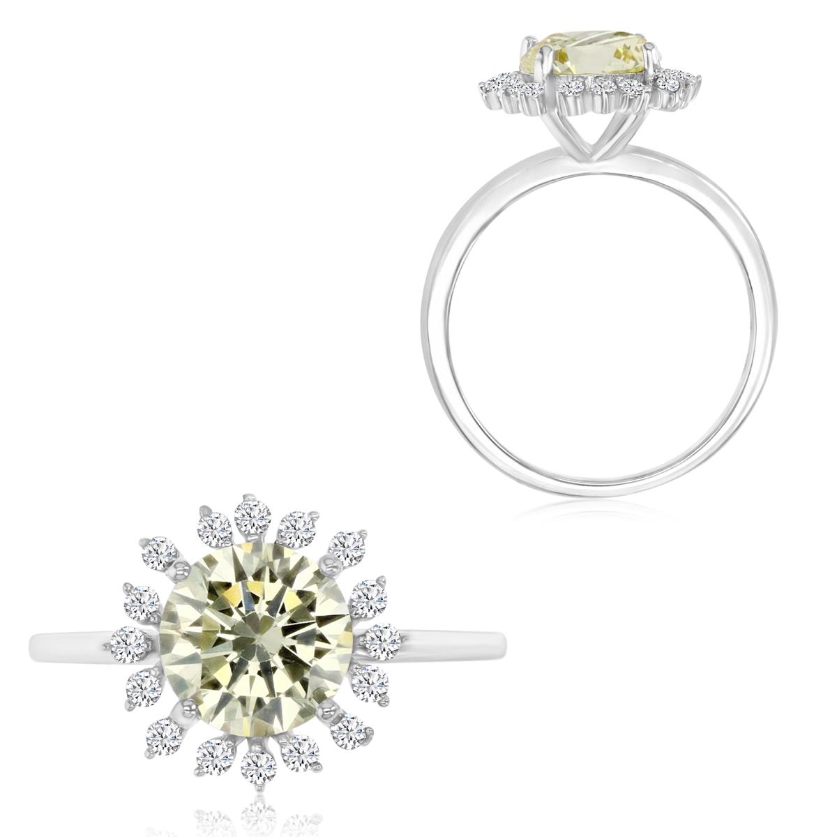 Sterling Silver Rhodium 12MM Polished Canary Yellow & White CZ Flower Engagement Ring