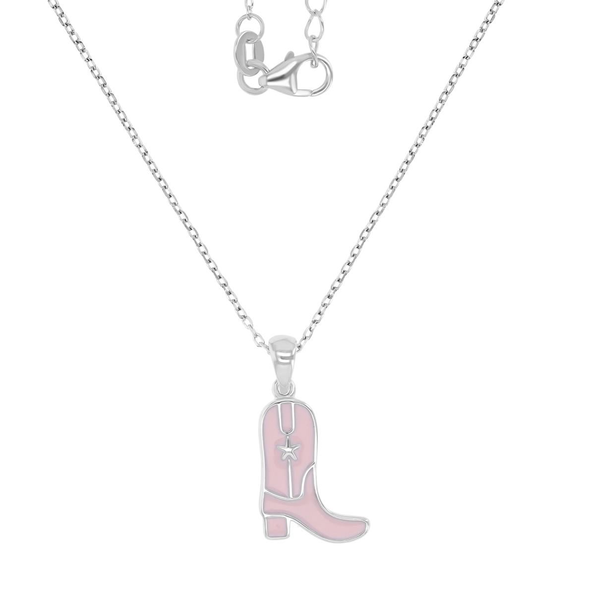 Sterling Silver Rhodium 24X12MM Polished Pink Enamel Cowboy Boot 18+2" Necklace