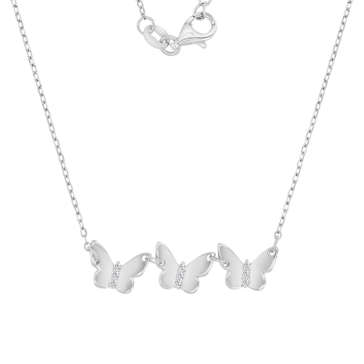 Sterling Silver Rhodium 28X8MM Polished White CZ Triple Butterfly 13+2" Necklace