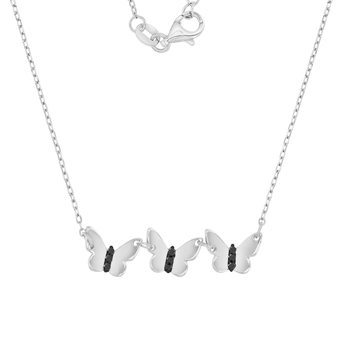 Sterling Silver Black & White 28X8MM Polished Black Spinel Triple Butterfly 13+2" Necklace