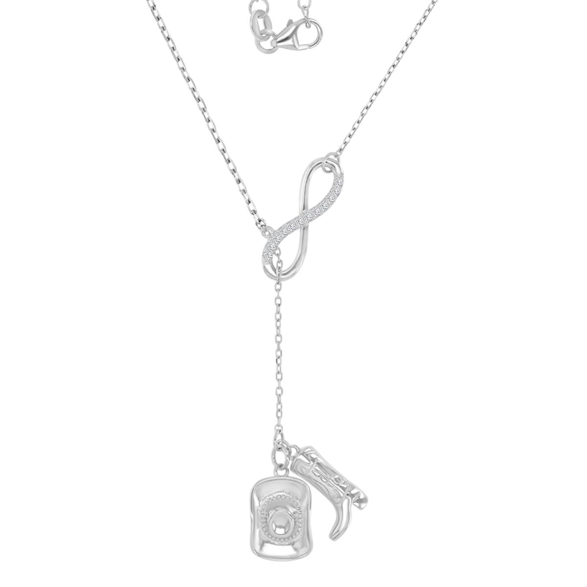 Sterling Silver Rhodium 63MM Polished White CZ Infinity Cowboy Boot & Hat Dangling 18+2" Necklace