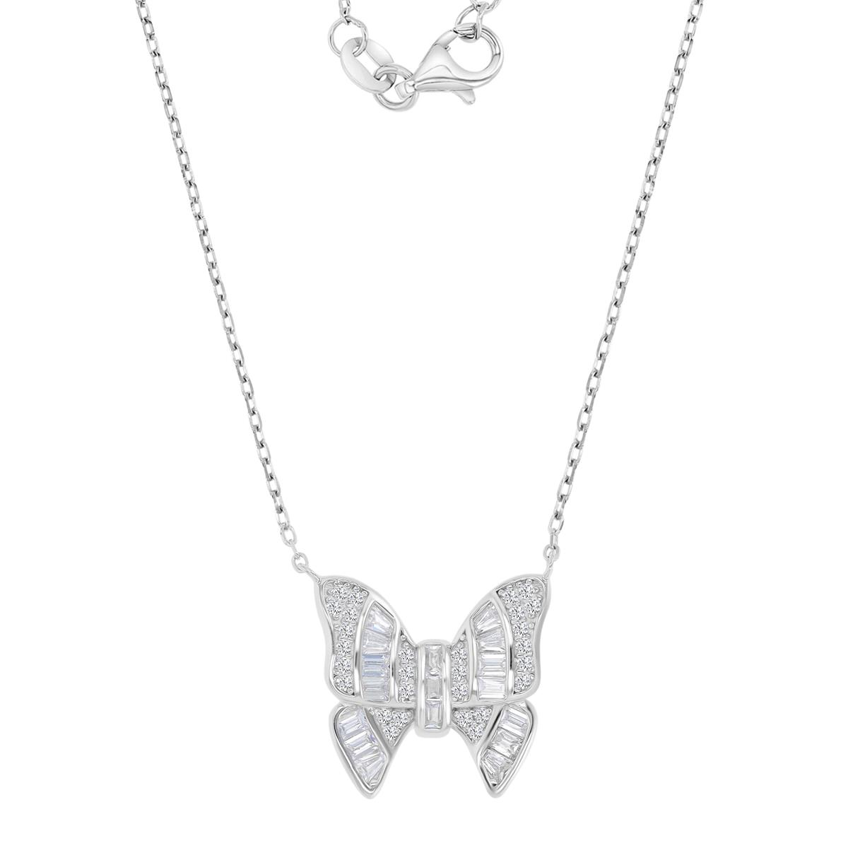 Sterling Silver Rhodium 18X17MM Polished White CZ Bezel Butterfly Baguettte Cut 16+2" Necklace