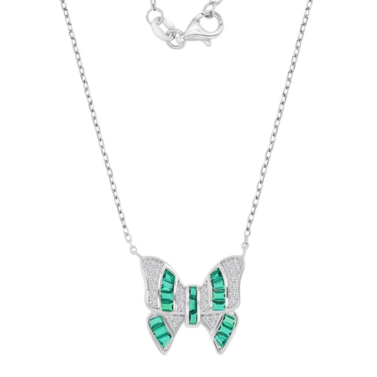 Sterling Silver Rhodium 18X17MM Polished Green Nano & White CZ Bezel Butterfly Baguettte Cut 16+2" Necklace