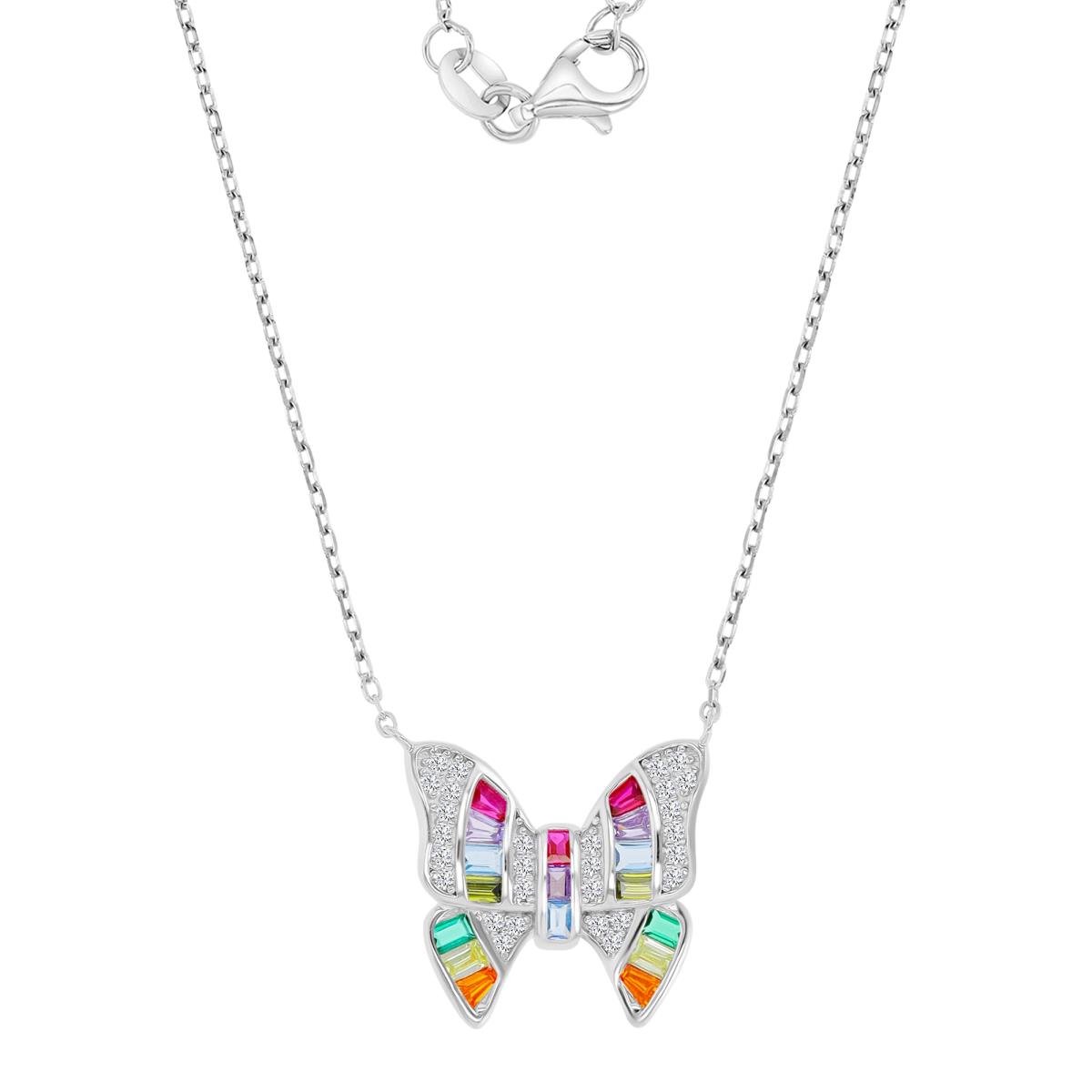 Sterling Silver Rhodium 18X17MM Polished Multi Color & White CZ Bezel Butterfly Baguettte Cut 16+2" Necklace