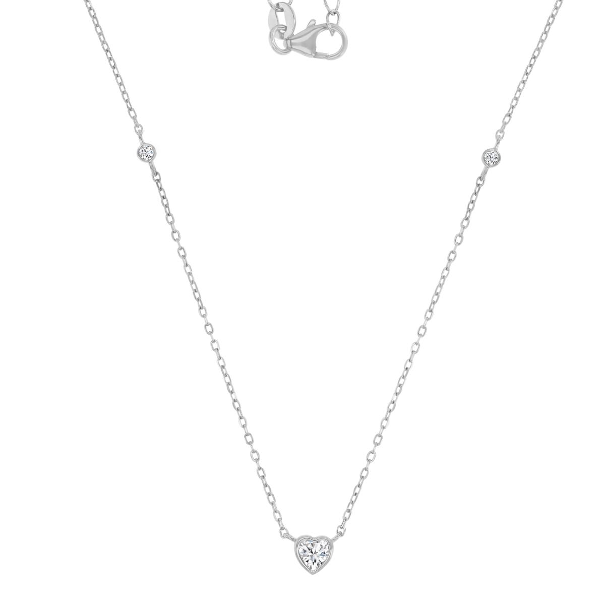 Sterling Silver Rhodium 5X2MM Polished White CZ Bezel Heart & Circle Link 13+2" Necklace
