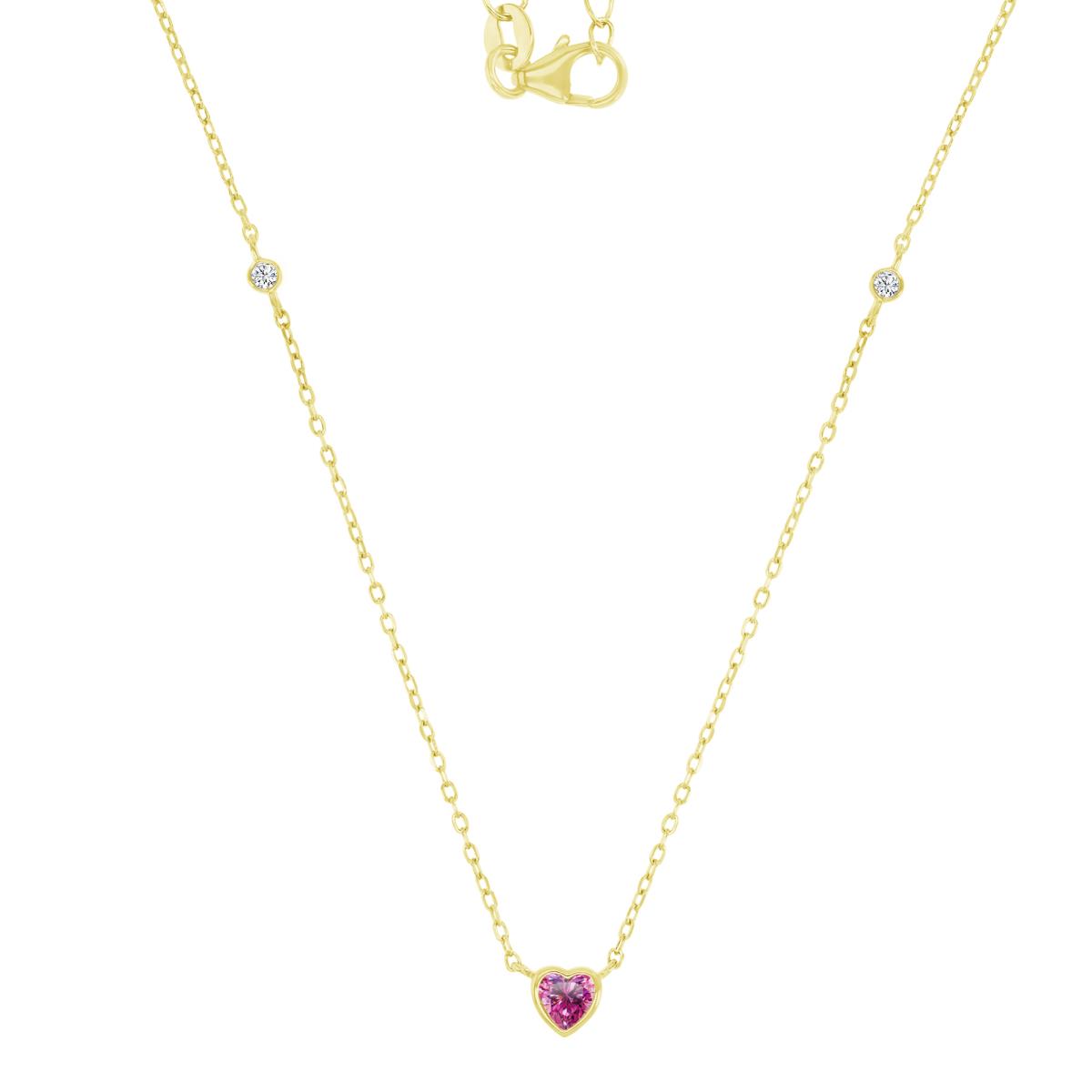 Sterling Silver Yellow 5X2MM Polished Pink & White CZ Bezel Heart & Circle Link 13+2" Necklace