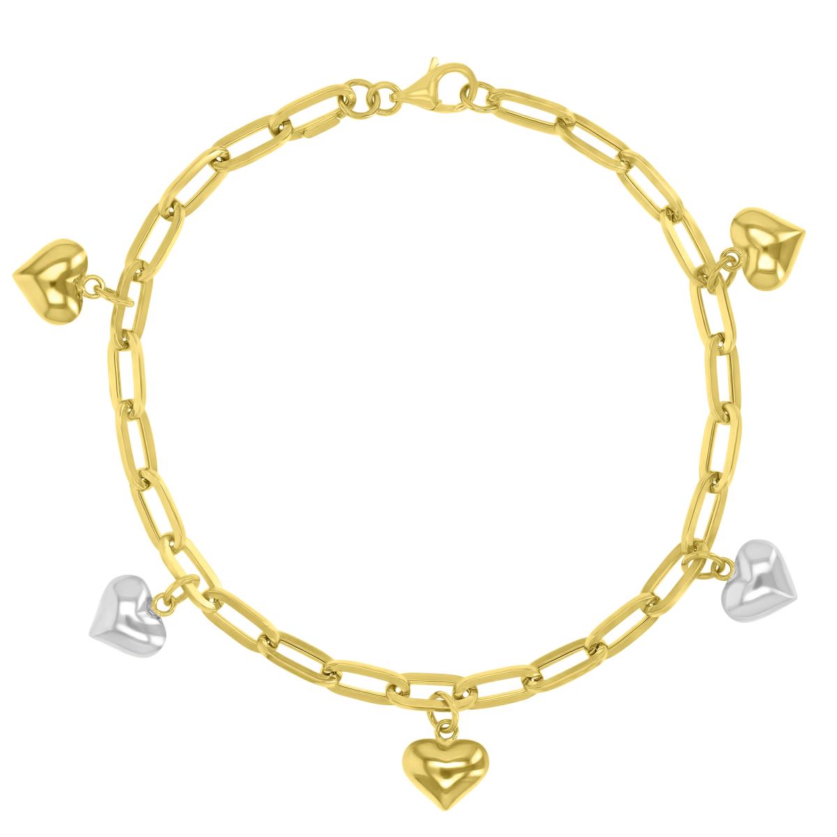 14K Yellow & White Gold 3.50MM Paperclip Link Dangling Hearts 7" Bracelet