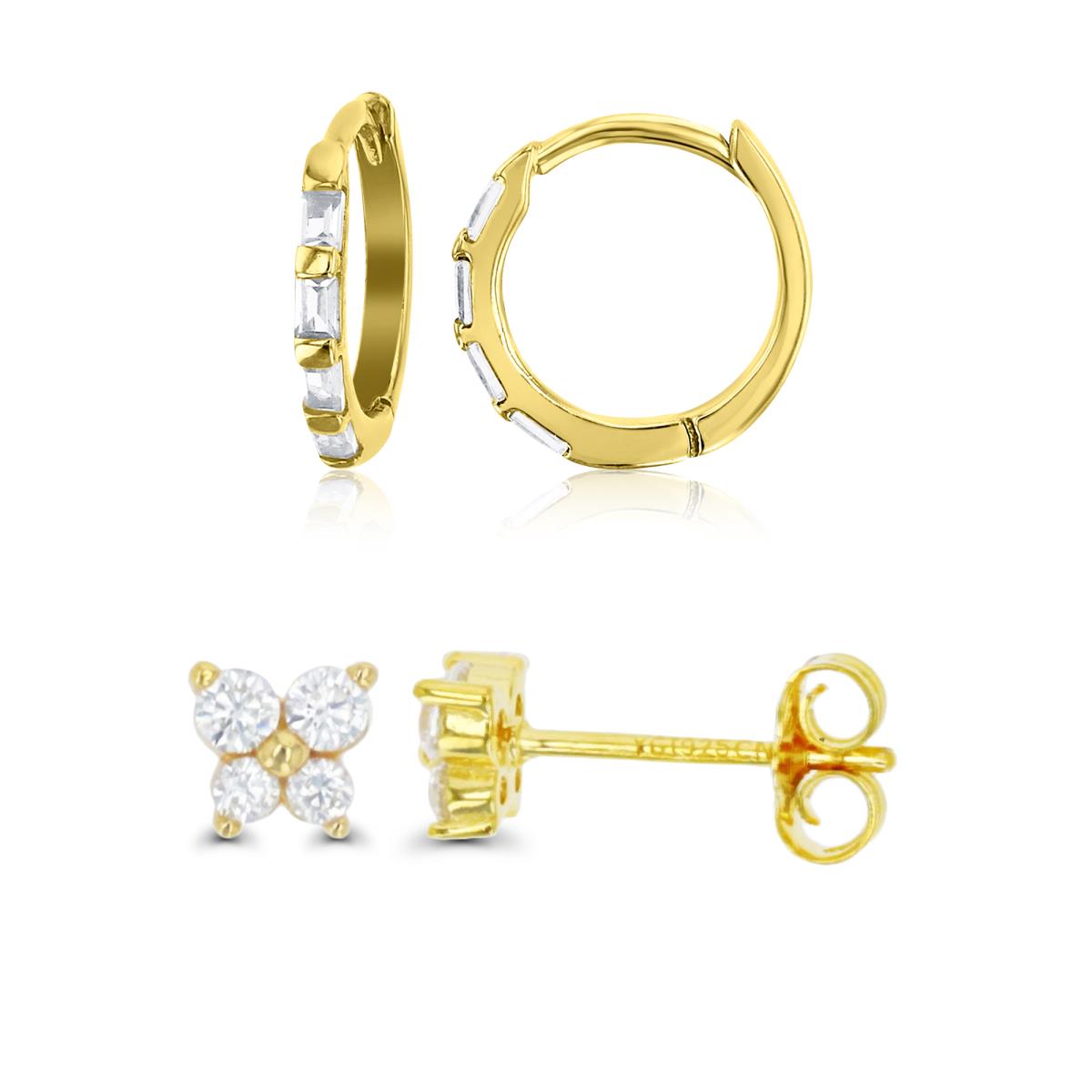 Sterling Silver Yellow Polished White CZ 5X4.5MM  Butterfly Stud & 12.5X1.5 Hoop Earring Set