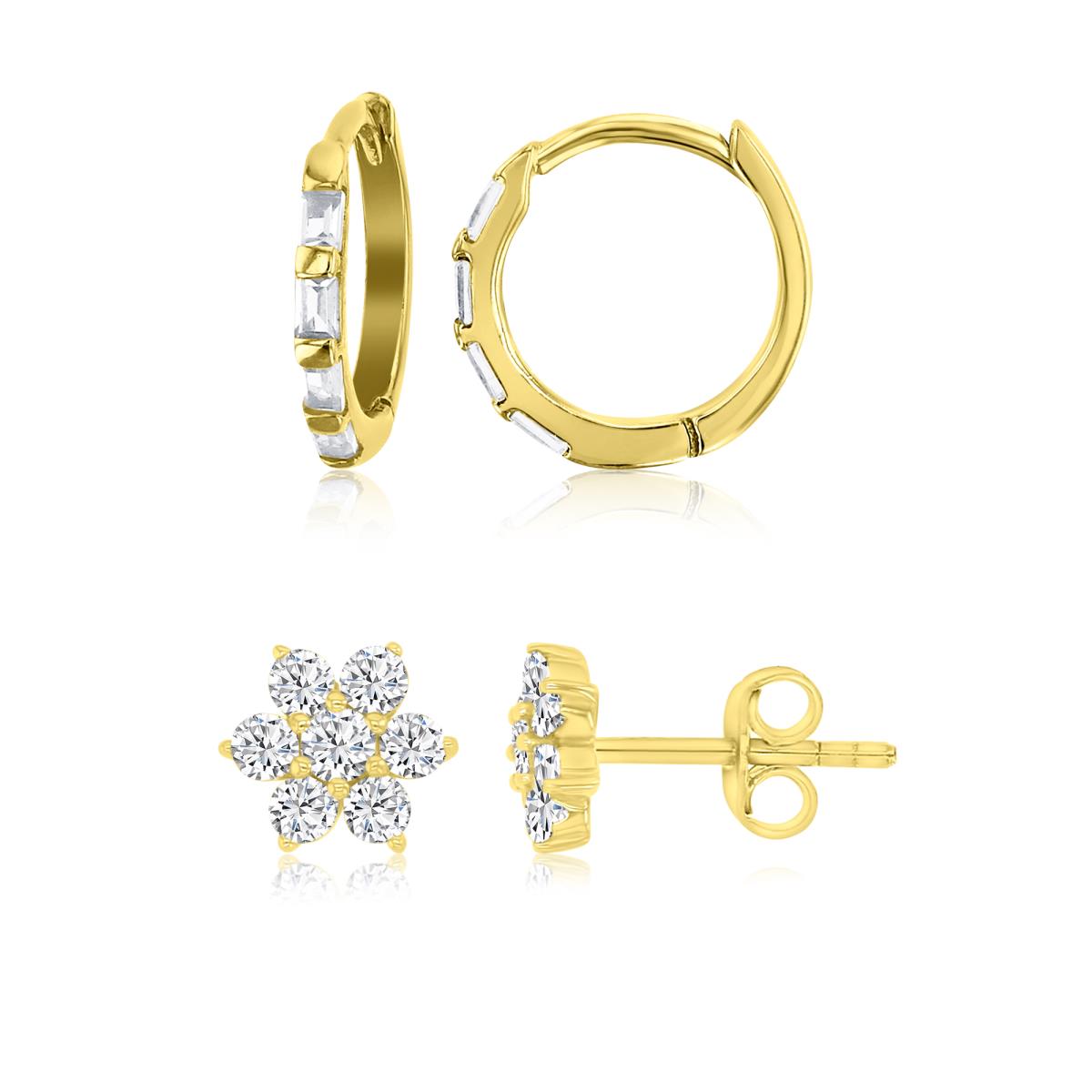 Sterling Silver Yellow Polished White CZ 6MM Snowflake Stud & 12.5X1.5MM Hoop Earring Set