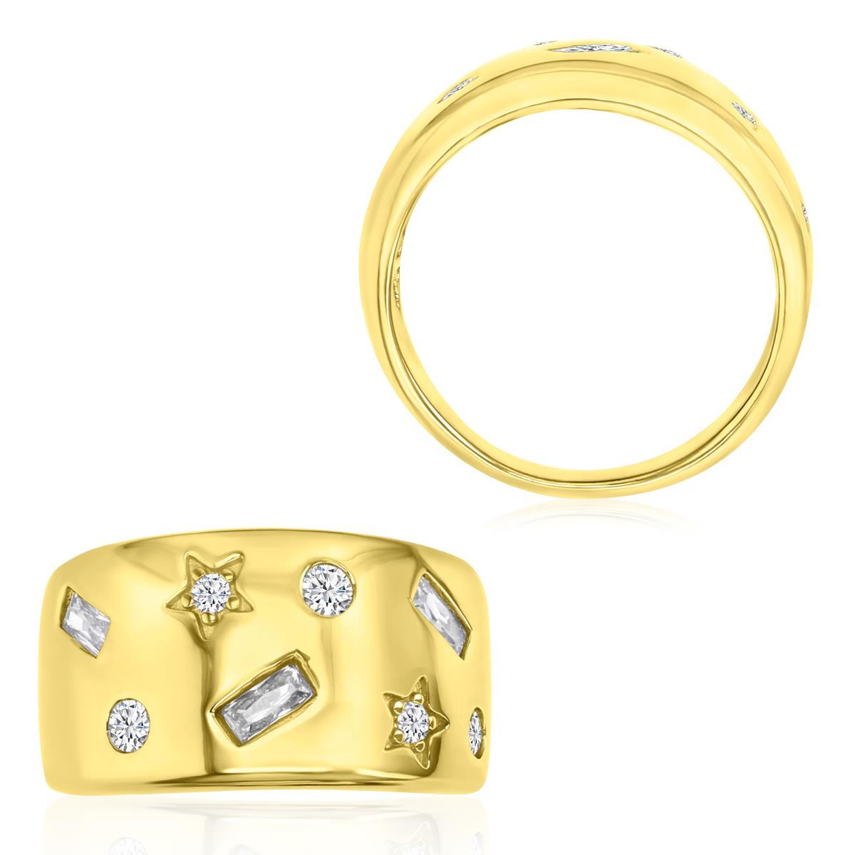 Sterling Silver Yellow 12X3MM Polished White CZ Star & Shapes Band Ring