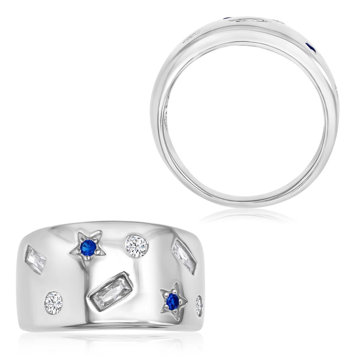 Sterling Silver Rhodium 12X3MM Polished Cr Blue & White CZ Star & Shapes Band Ring