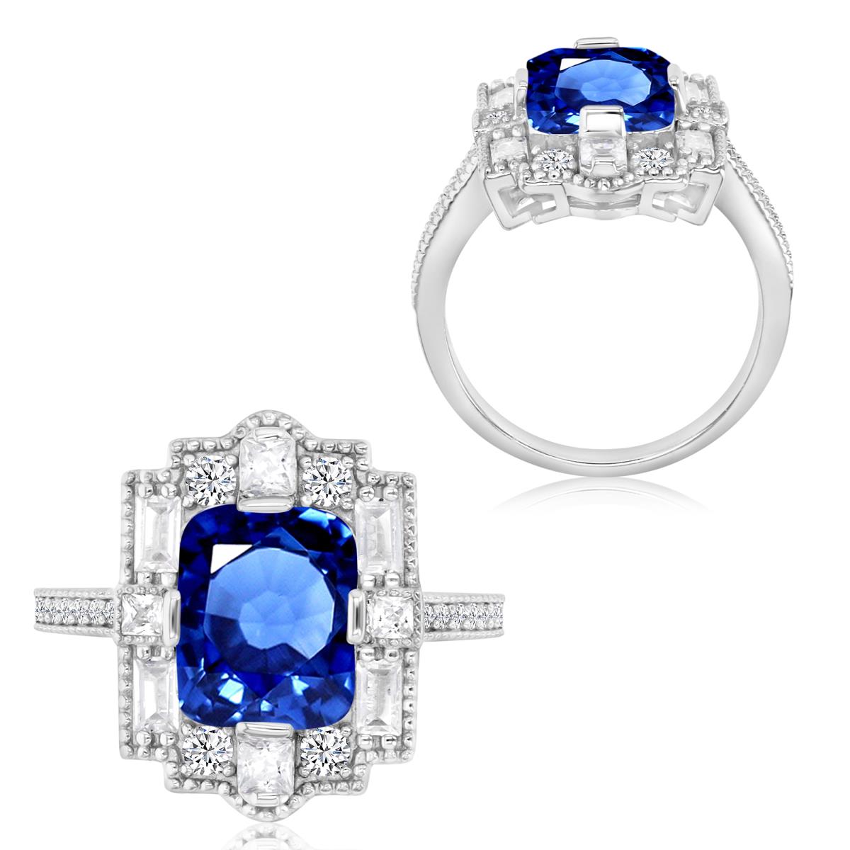 Sterling Silver Rhodium 20X14MM Polished Cr Blue & Cr White Sapphire Vintage Cushion Cut Engagement Ring