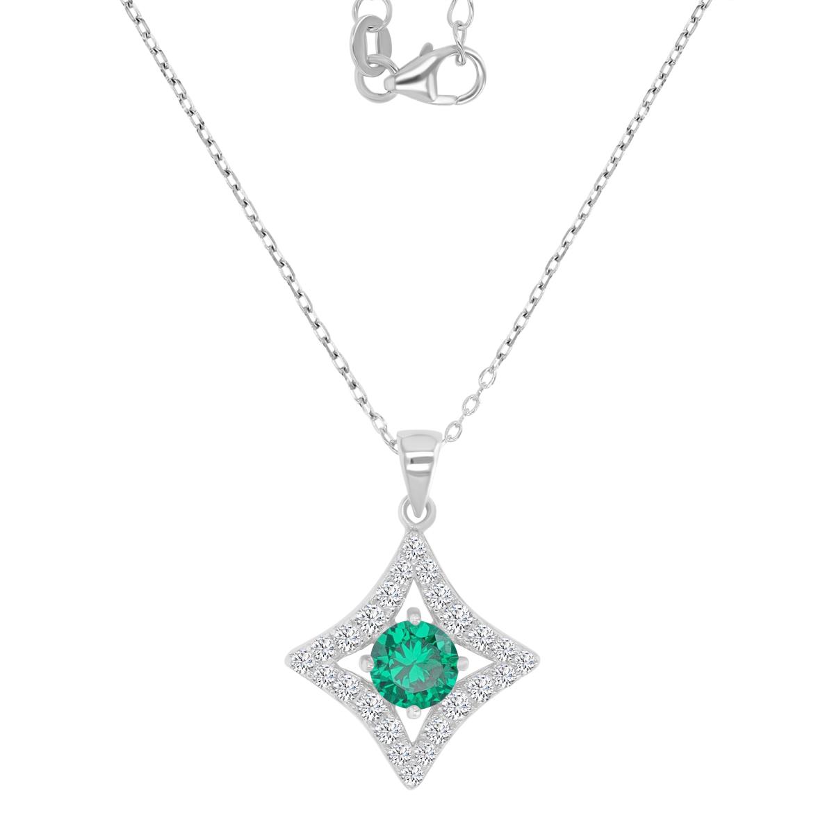 Sterling Silver Rhodium 17.5MM Polished Green & White CZ Star 16+2" Necklace